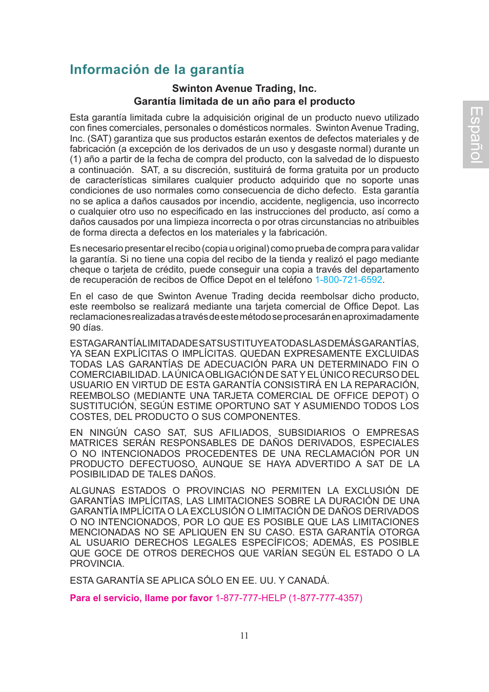 Español, Información de la garantía | Ativa AT24OHP User Manual | Page 40 / 40