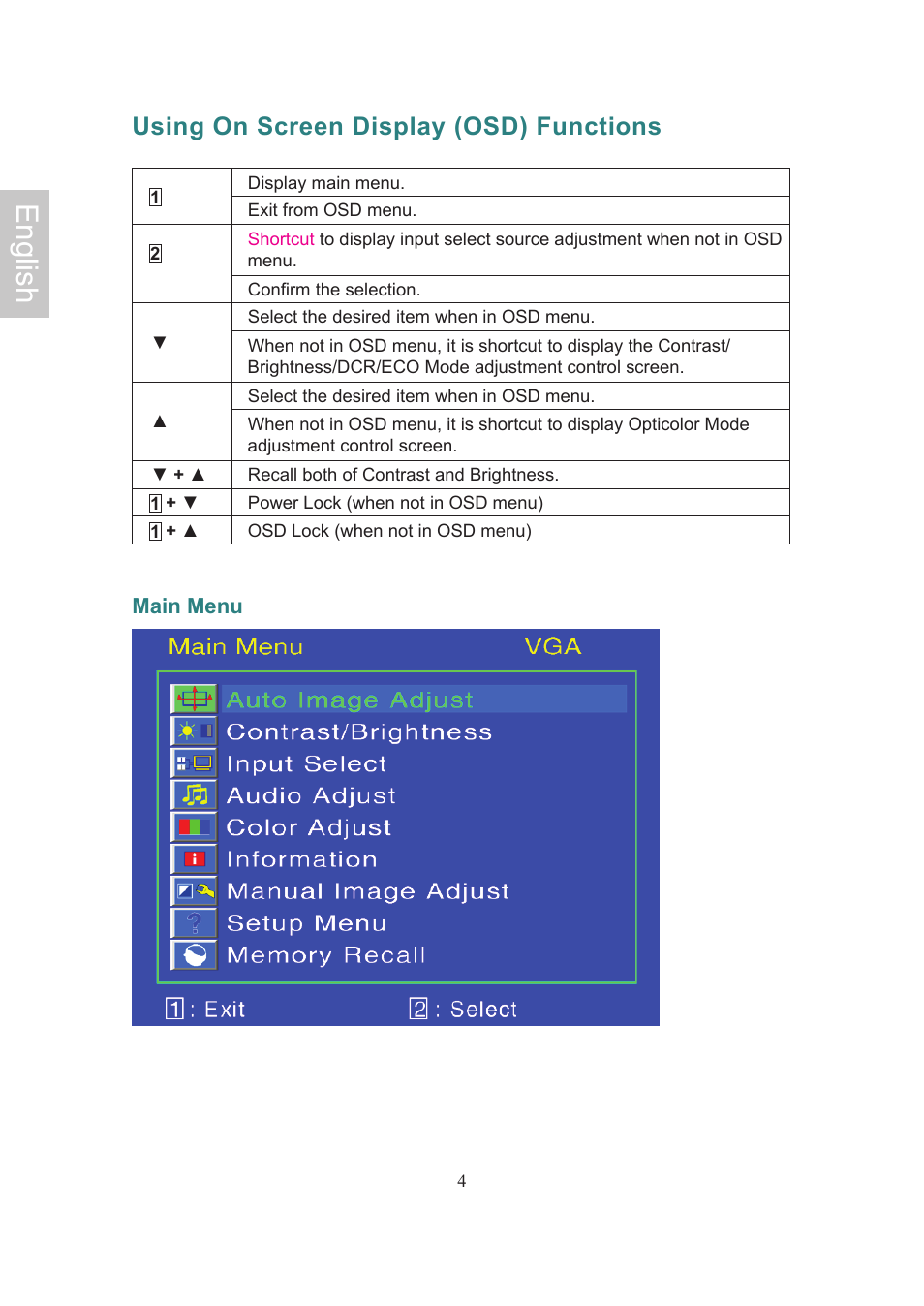 English, Using on screen display (osd) functions | Ativa AT24OHP User Manual | Page 7 / 40