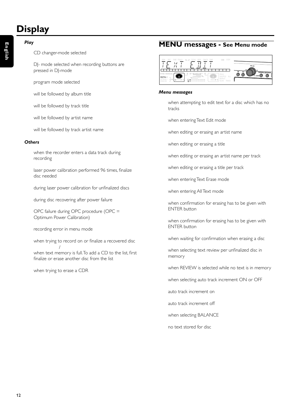 Display, Menu messages, See menu mode | Philips CDR700BK User Manual | Page 12 / 32