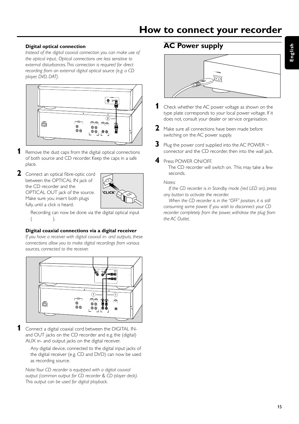 How to connect your recorder, Ac power supply, Press power on/off | Philips CDR700BK User Manual | Page 15 / 32