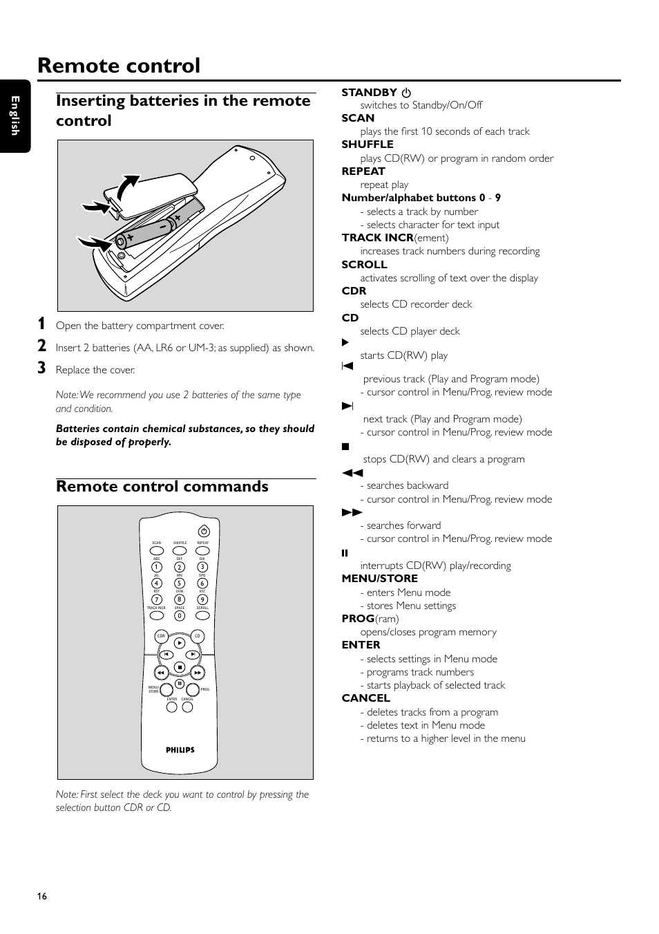 Remote control, Inserting batteries in the remote control, Remote control commands | Philips CDR700BK User Manual | Page 16 / 32