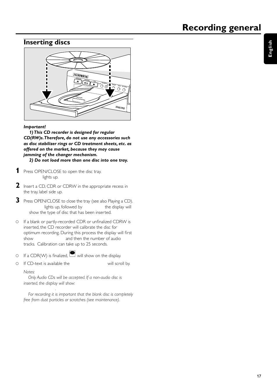 Recording general, Inserting discs | Philips CDR700BK User Manual | Page 17 / 32
