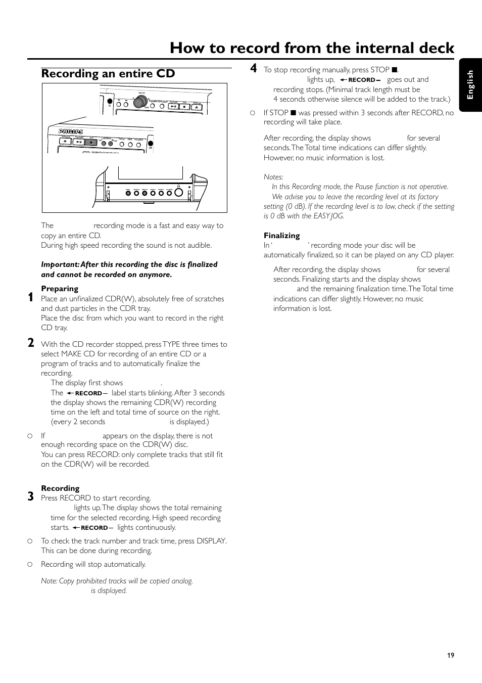 How to record from the internal deck, Recording an entire cd | Philips CDR700BK User Manual | Page 19 / 32