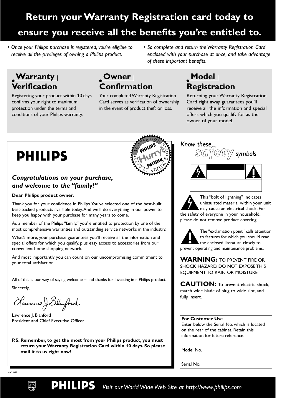 Ssa affe etty y, Hurry, Warranty verification | Owner confirmation, Model registration, Know these, Symbols | Philips CDR700BK User Manual | Page 2 / 32