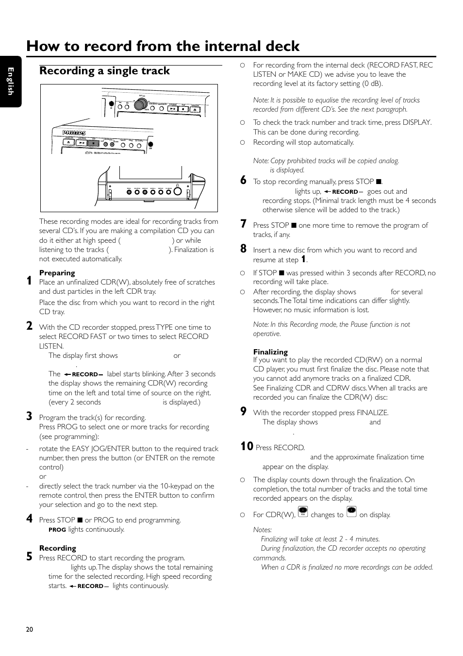 How to record from the internal deck, Recording a single track | Philips CDR700BK User Manual | Page 20 / 32