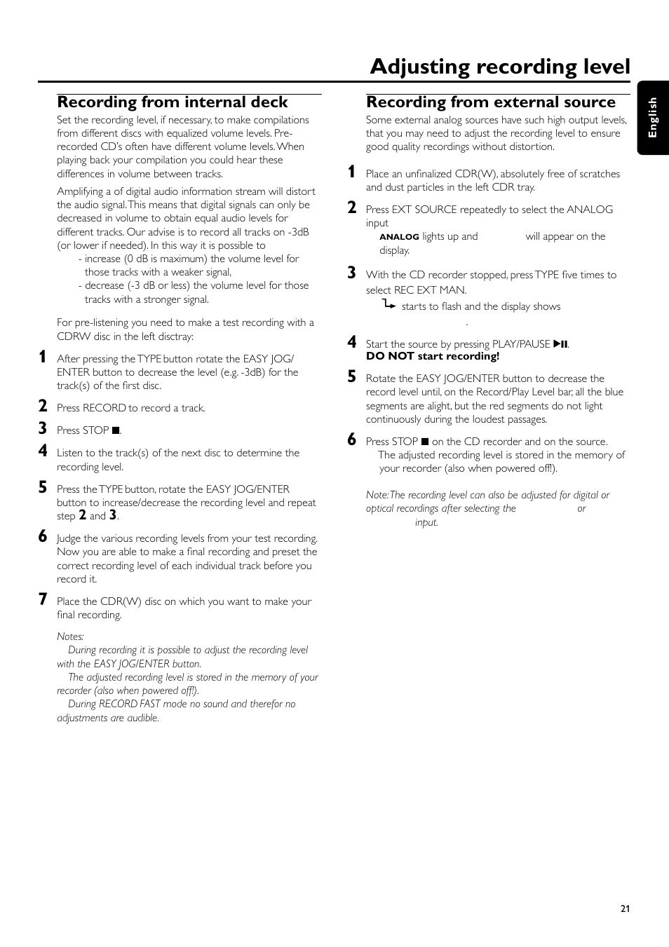 Adjusting recording level, Recording from internal deck, Recording from external source | Philips CDR700BK User Manual | Page 21 / 32