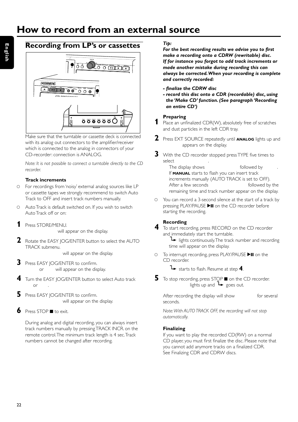 How to record from an external source, Recording from lp’s or cassettes | Philips CDR700BK User Manual | Page 22 / 32