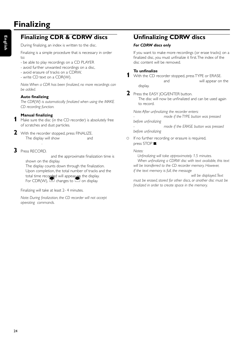 Finalizing, Finalizing cdr & cdrw discs, Unfinalizing cdrw discs | Philips CDR700BK User Manual | Page 24 / 32