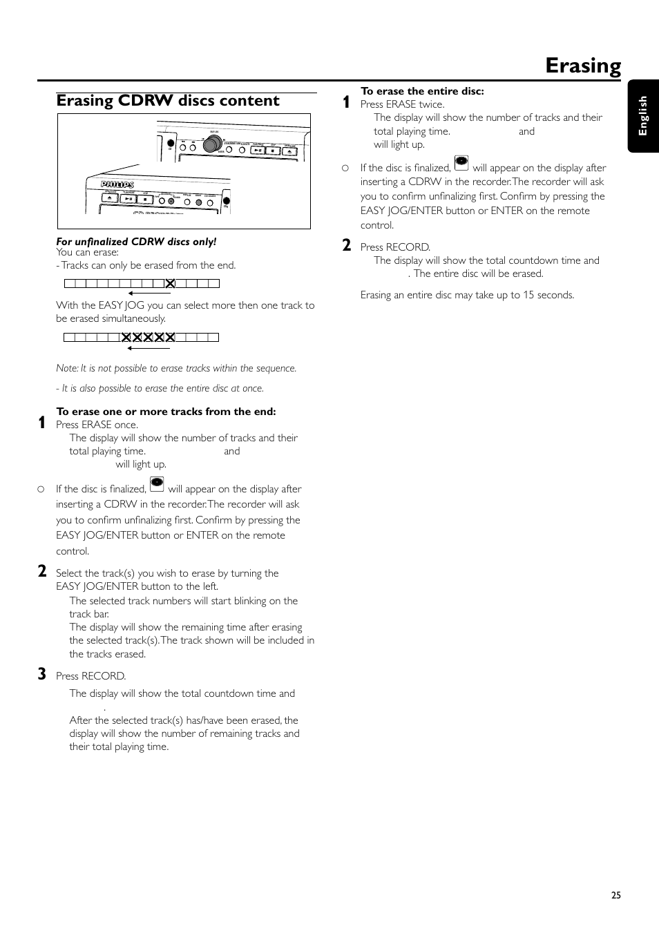 Erasing, Erasing cdrw discs content, English | Philips CDR700BK User Manual | Page 25 / 32