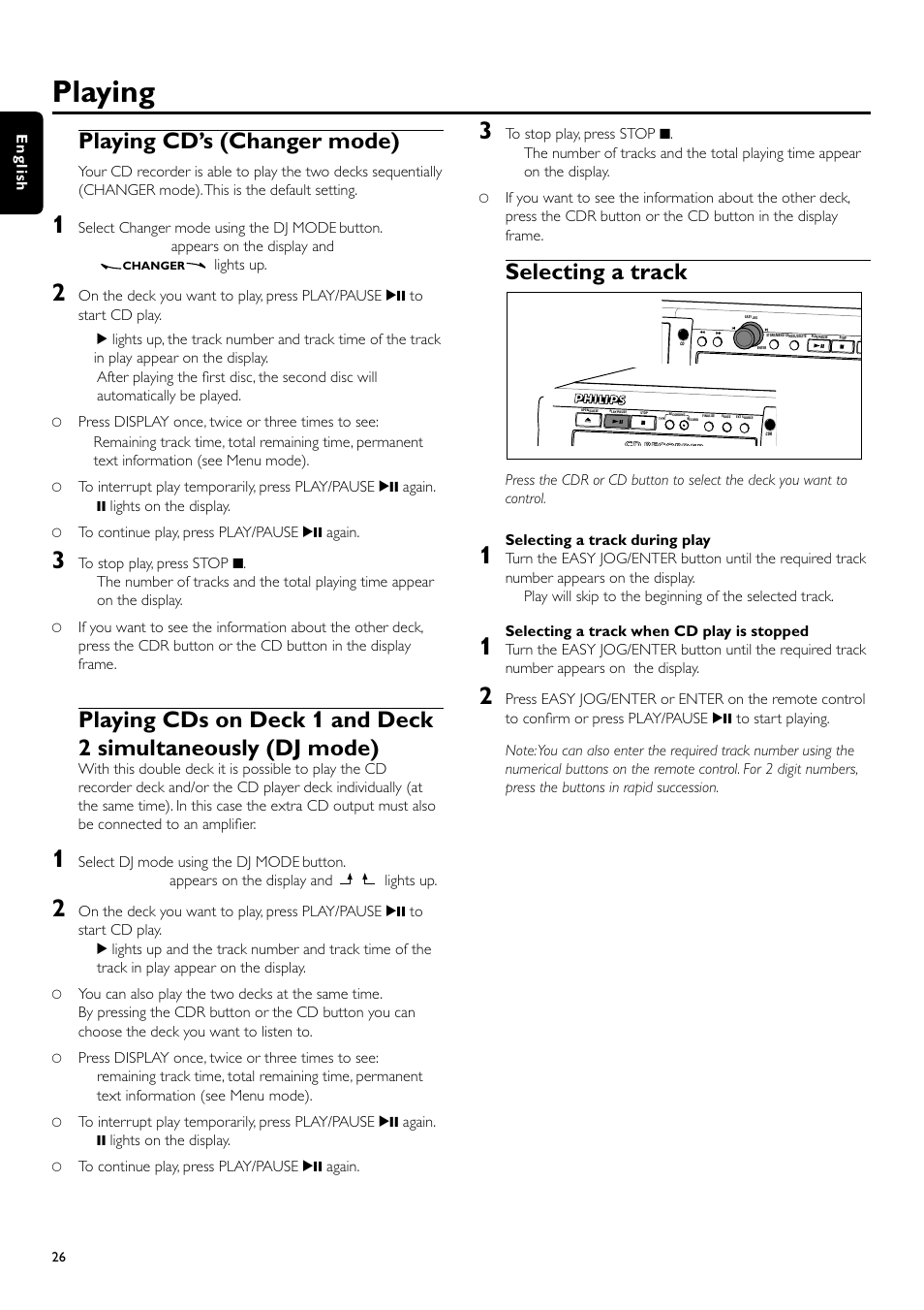 Playing, Playing cd’s (changer mode), Selecting a track | Philips CDR700BK User Manual | Page 26 / 32