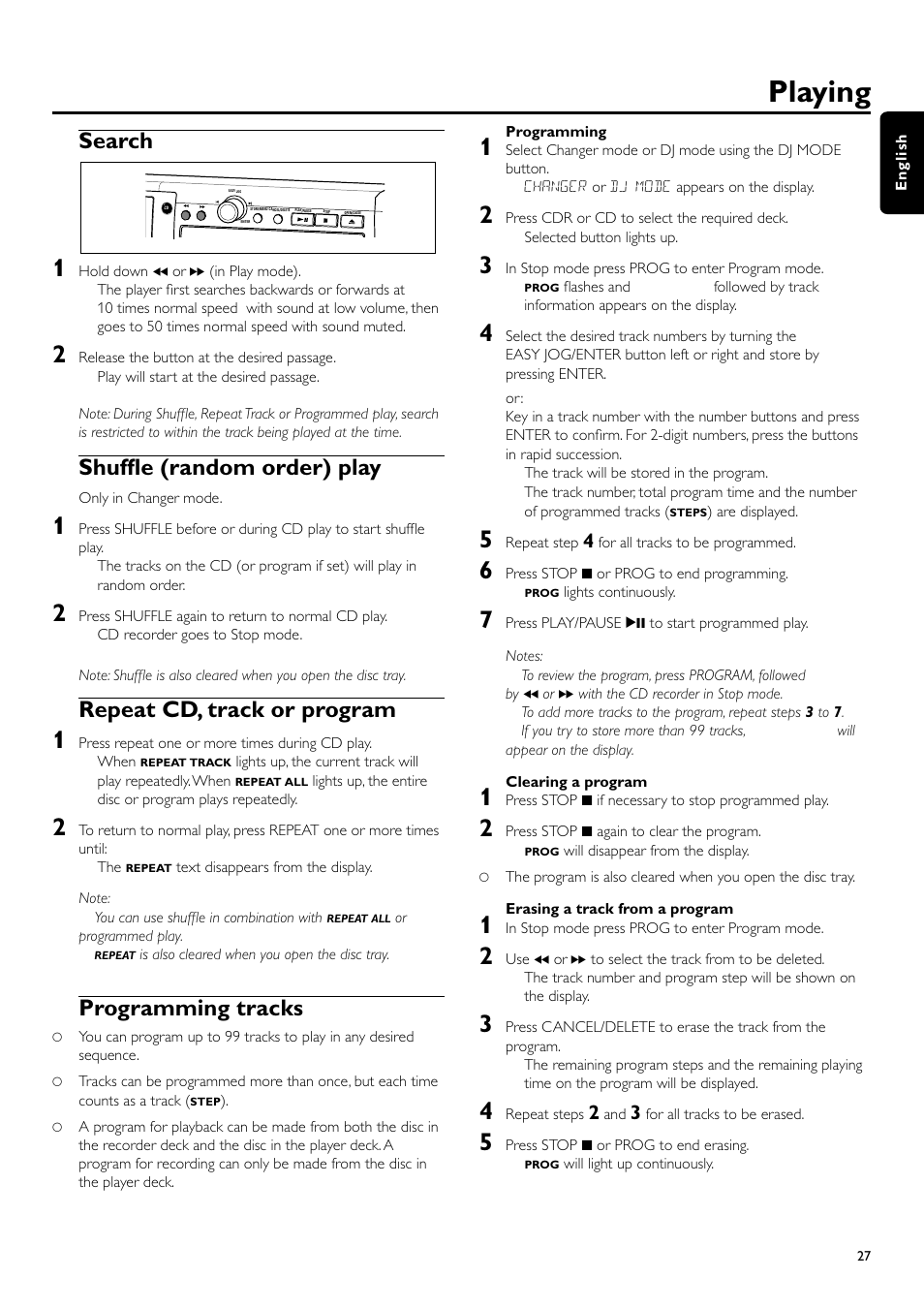 Playing, Search, Shuffle (random order) play | Repeat cd, track or program, Programming tracks | Philips CDR700BK User Manual | Page 27 / 32