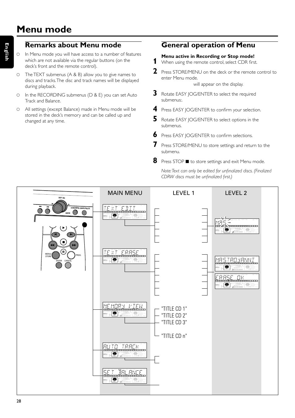 Menu mode, Remarks about menu mode, General operation of menu | Ab c d e, English, Menu active in recording or stop mode, When using the remote control, select cdr first, Press easy jog/enter to confirm your selection, Press easy jog/enter to confirm selections, Kj 5 6 | Philips CDR700BK User Manual | Page 28 / 32