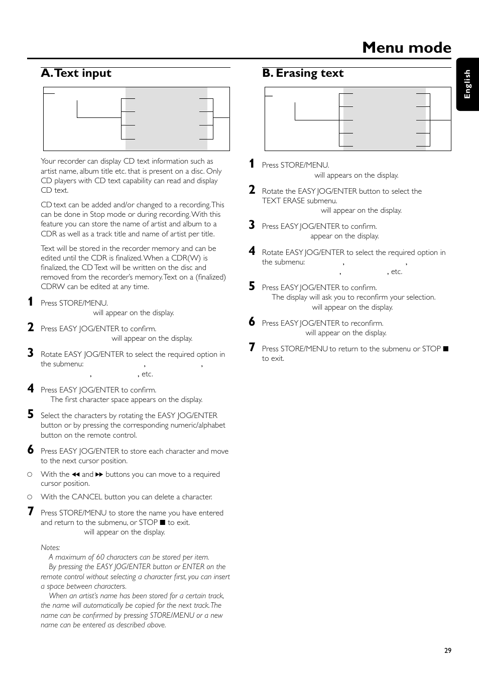 Menu mode, A.text input, B. erasing text | Philips CDR700BK User Manual | Page 29 / 32