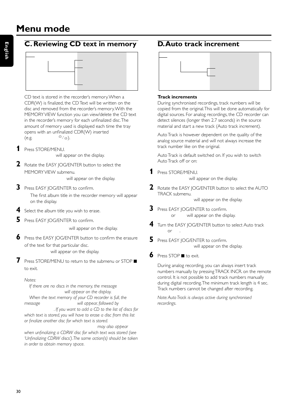 Menu mode, D.auto track increment | Philips CDR700BK User Manual | Page 30 / 32