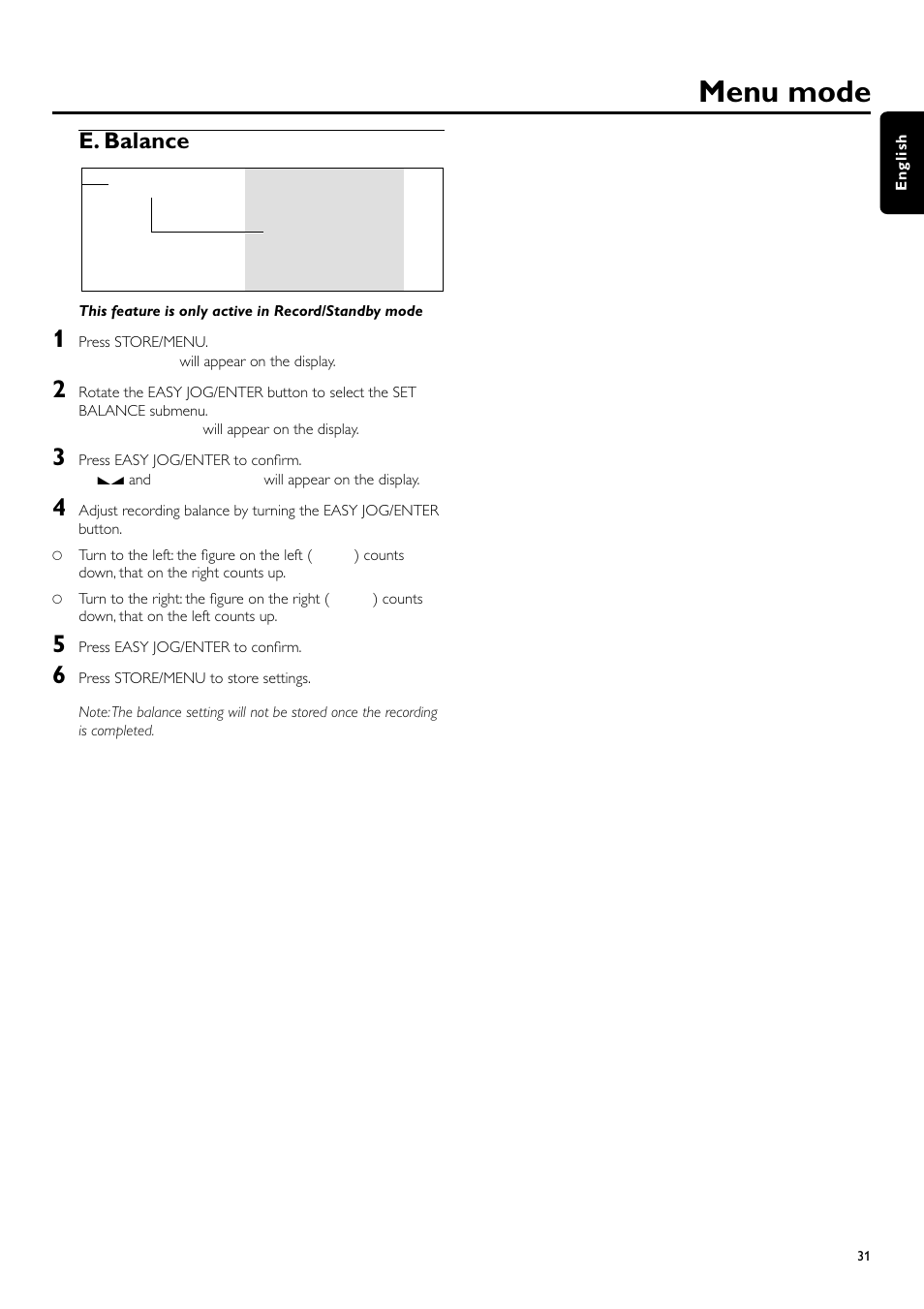 Menu mode, E. balance | Philips CDR700BK User Manual | Page 31 / 32