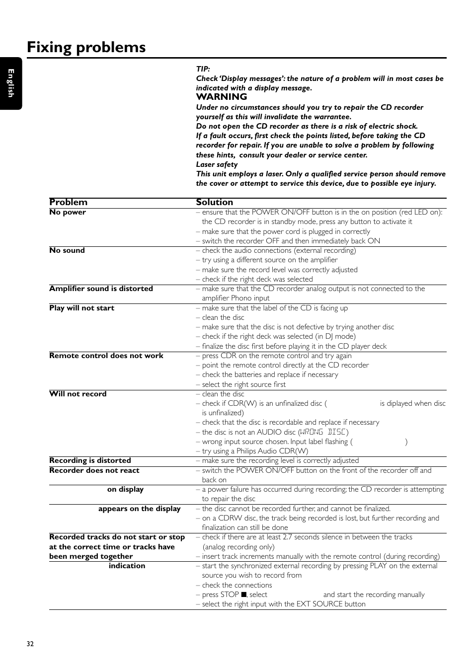 Fixing problems | Philips CDR700BK User Manual | Page 32 / 32