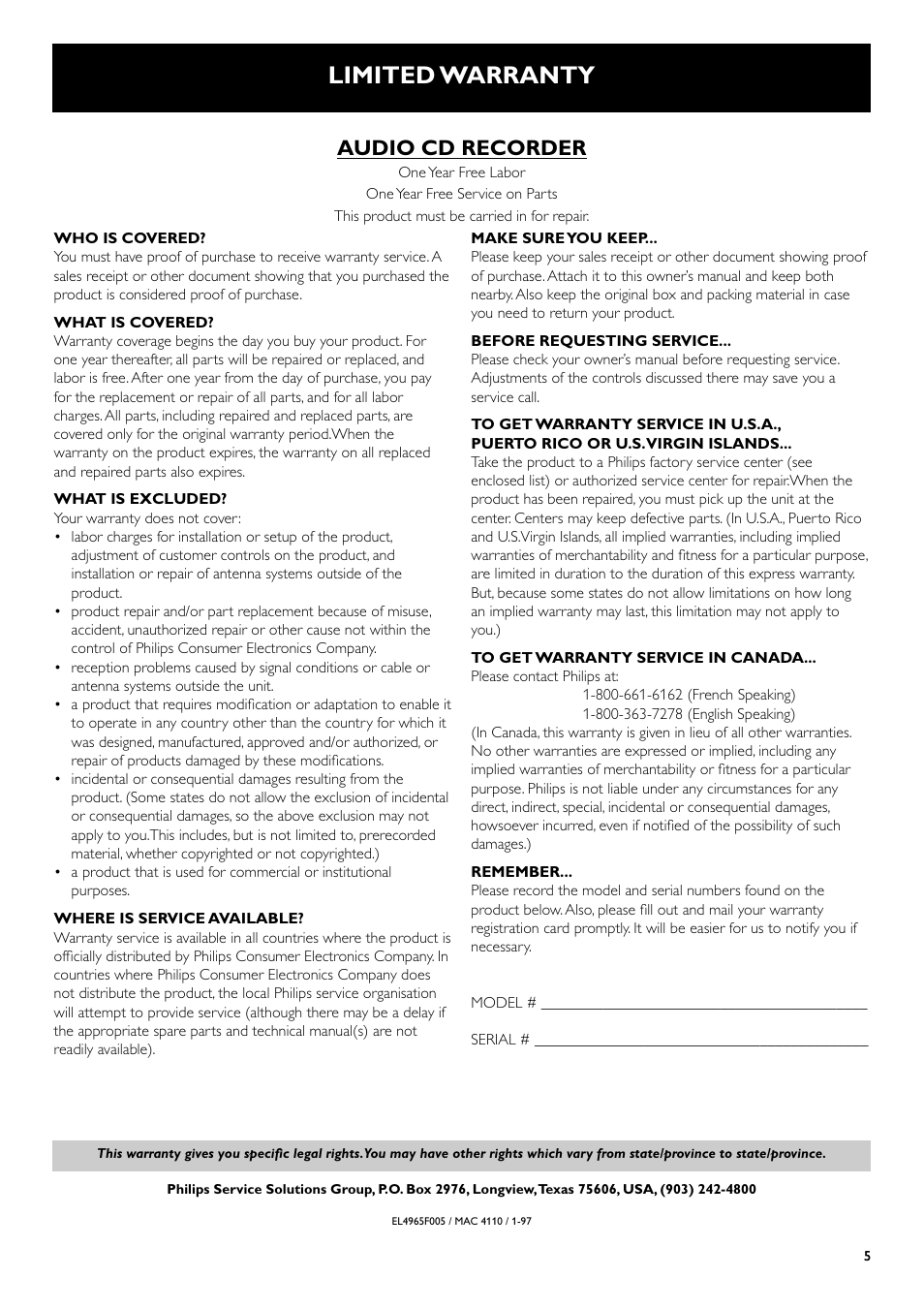 Limited warranty, Audio cd recorder | Philips CDR700BK User Manual | Page 5 / 32