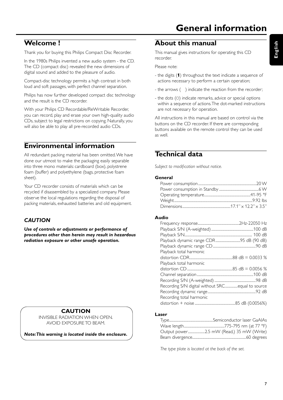 General information, Welcome, Environmental information | About this manual, Technical data | Philips CDR700BK User Manual | Page 7 / 32