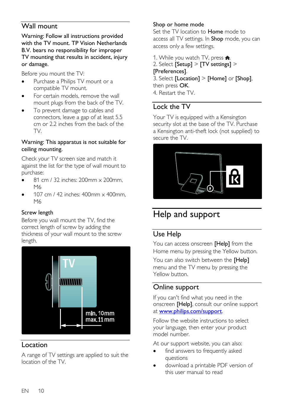 Wall mount, Location, Lock the tv | Help and support, Use help, Online support | Philips 32PDL7906T-12 User Manual | Page 10 / 72