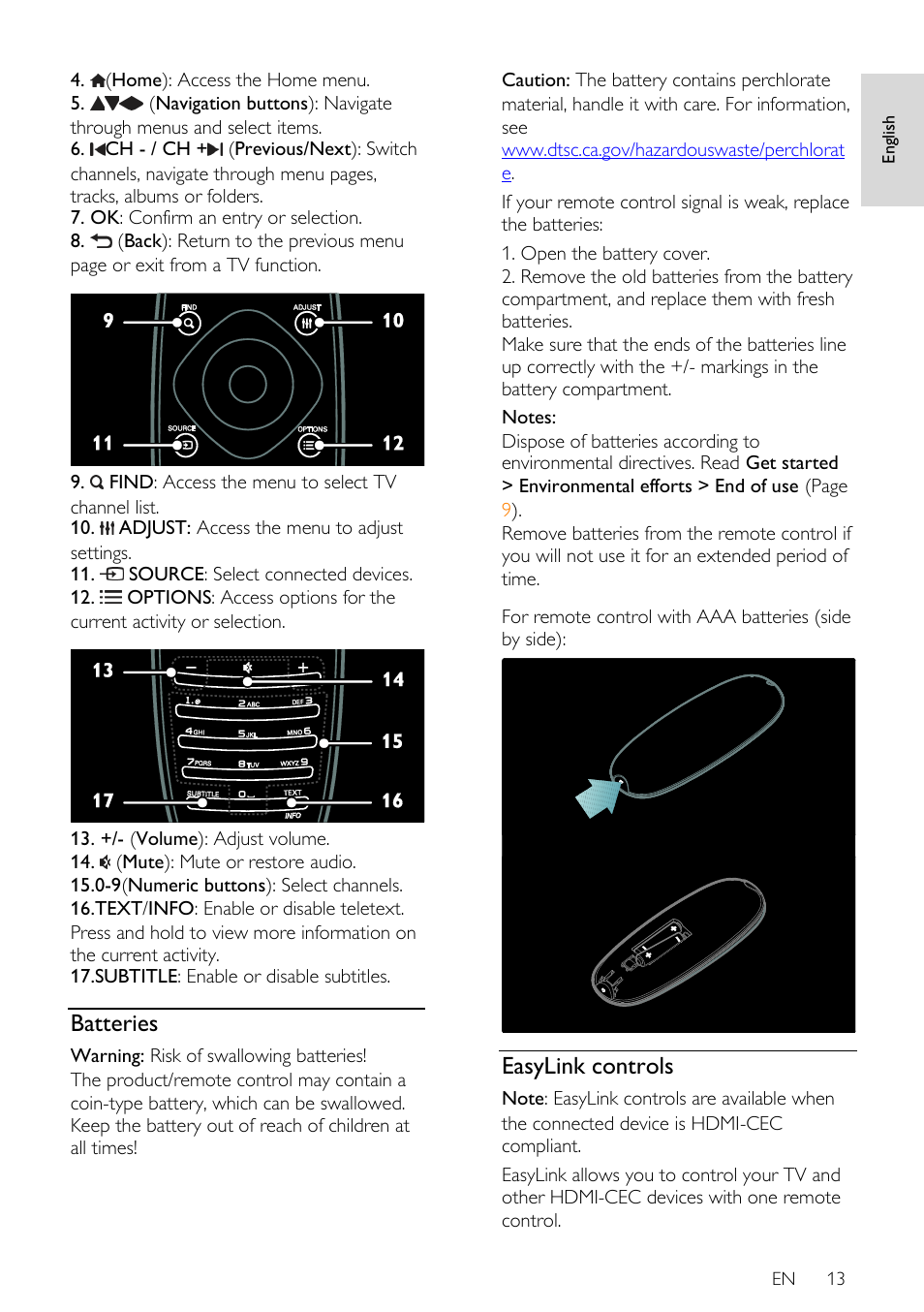 Batteries, Easylink controls | Philips 32PDL7906T-12 User Manual | Page 13 / 72