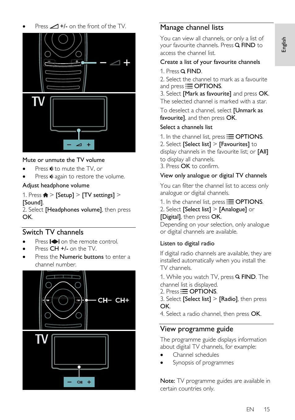 Switch tv channels, Manage channel lists, View programme guide | Philips 32PDL7906T-12 User Manual | Page 15 / 72