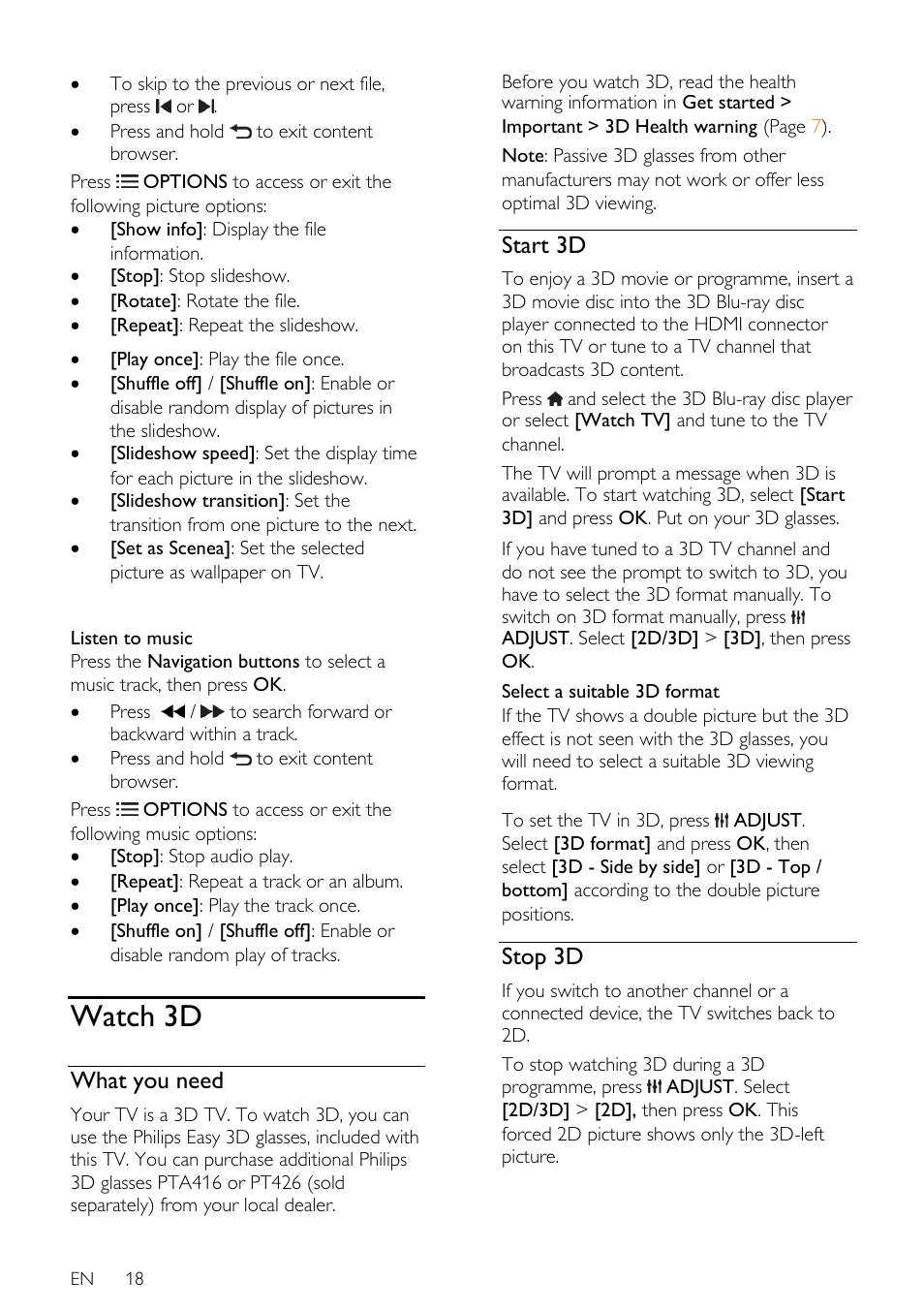 Watch 3d, What you need, Start 3d | Stop 3d | Philips 32PDL7906T-12 User Manual | Page 18 / 72