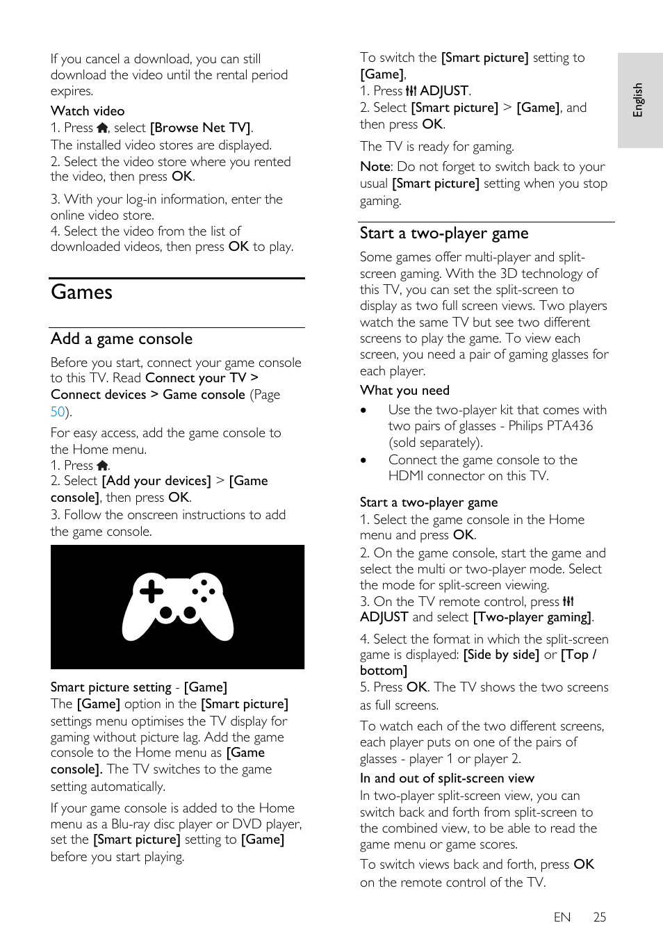 Games, Add a game console, Start a two-player game | Philips 32PDL7906T-12 User Manual | Page 25 / 72