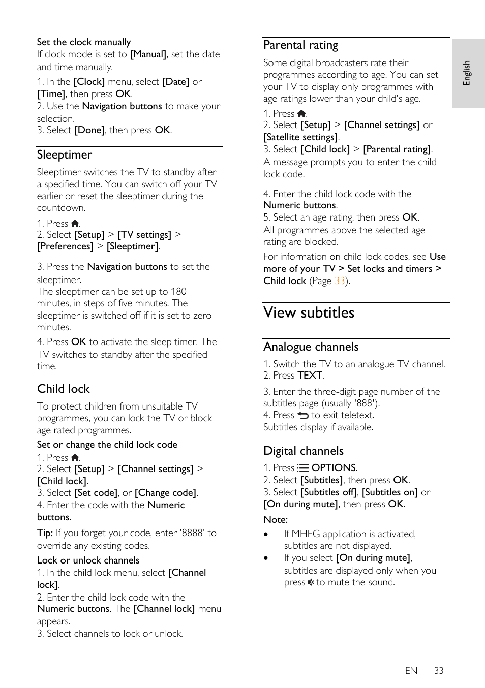 Sleeptimer, Child lock, Parental rating | View subtitles, Analogue channels, Digital channels | Philips 32PDL7906T-12 User Manual | Page 33 / 72