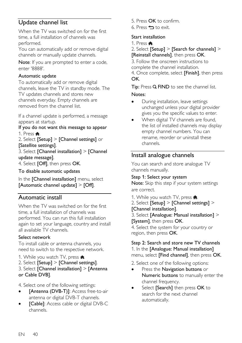 Update channel list, Automatic install, Install analogue channels | Philips 32PDL7906T-12 User Manual | Page 40 / 72