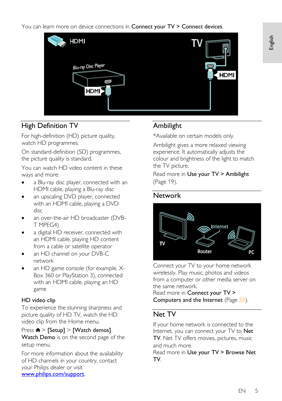 High definition tv, Ambilight, Network | Net tv | Philips 32PDL7906T-12 User Manual | Page 5 / 72