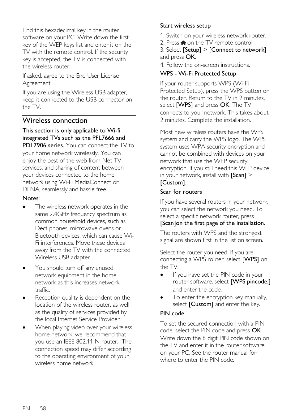 Wireless connection, En 58 | Philips 32PDL7906T-12 User Manual | Page 58 / 72