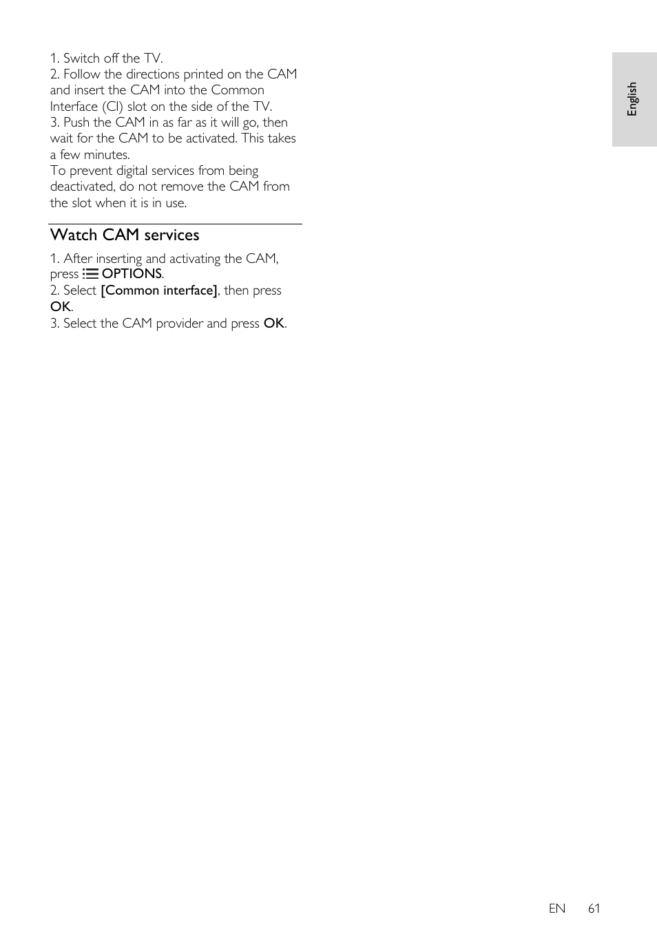 Watch cam services, En 61 | Philips 32PDL7906T-12 User Manual | Page 61 / 72