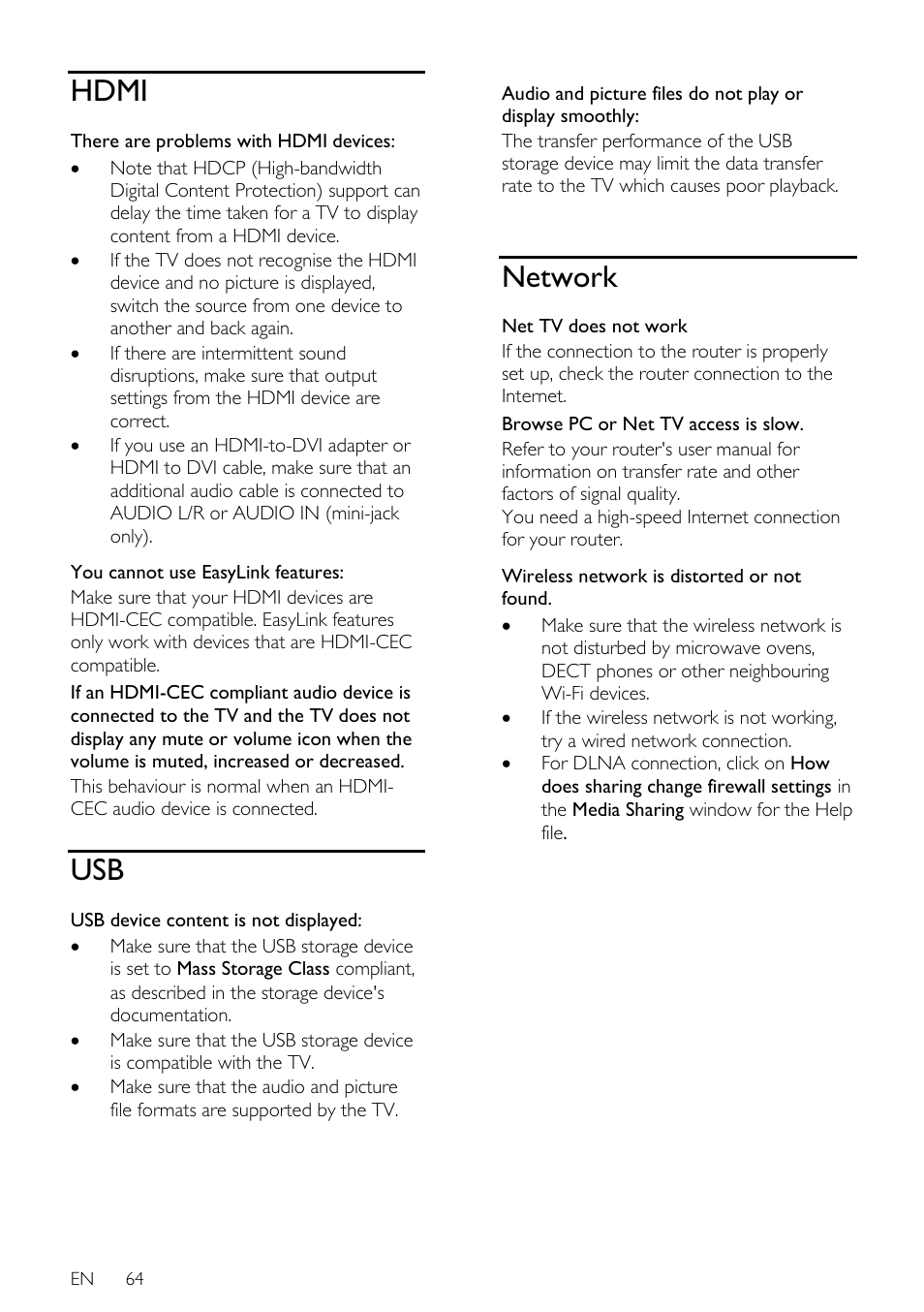 Hdmi, Network | Philips 32PDL7906T-12 User Manual | Page 64 / 72