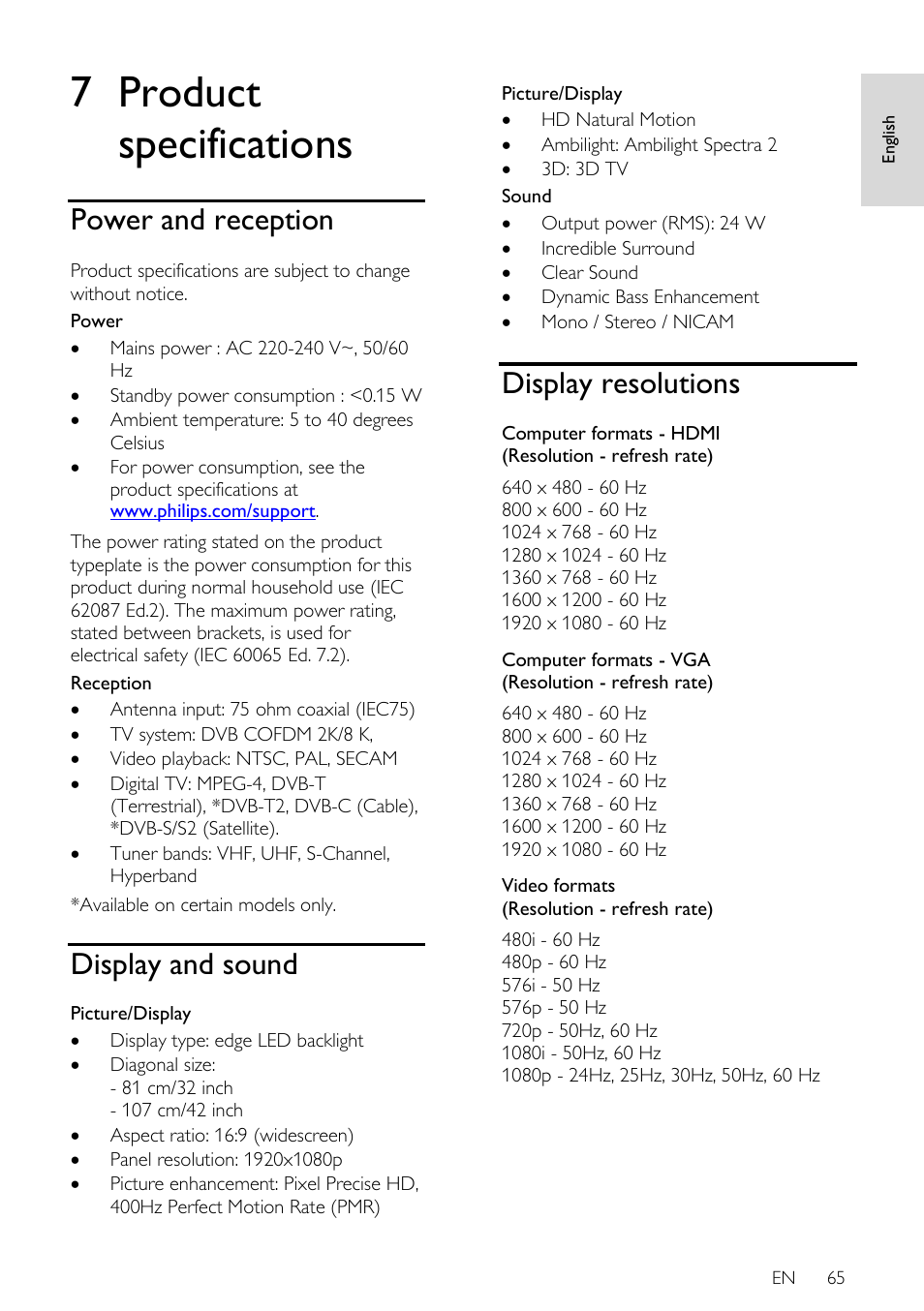 7 product specifications, Power and reception, Display and sound | Display resolutions | Philips 32PDL7906T-12 User Manual | Page 65 / 72