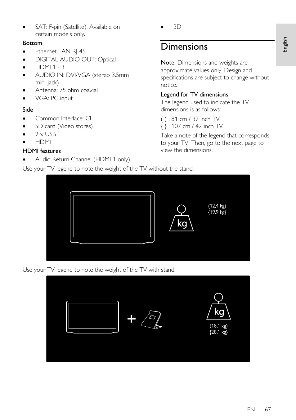 Dimensions | Philips 32PDL7906T-12 User Manual | Page 67 / 72