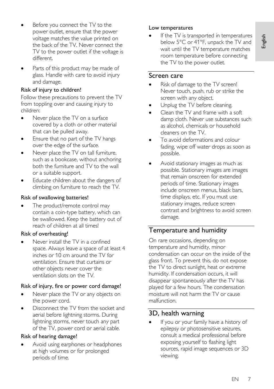 Screen care, Temperature and humidity, 3d, health warning | Philips 32PDL7906T-12 User Manual | Page 7 / 72