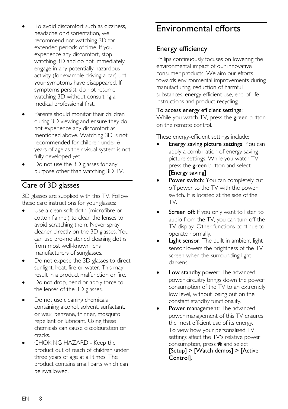 Care of 3d glasses, Environmental efforts, Energy efficiency | Philips 32PDL7906T-12 User Manual | Page 8 / 72