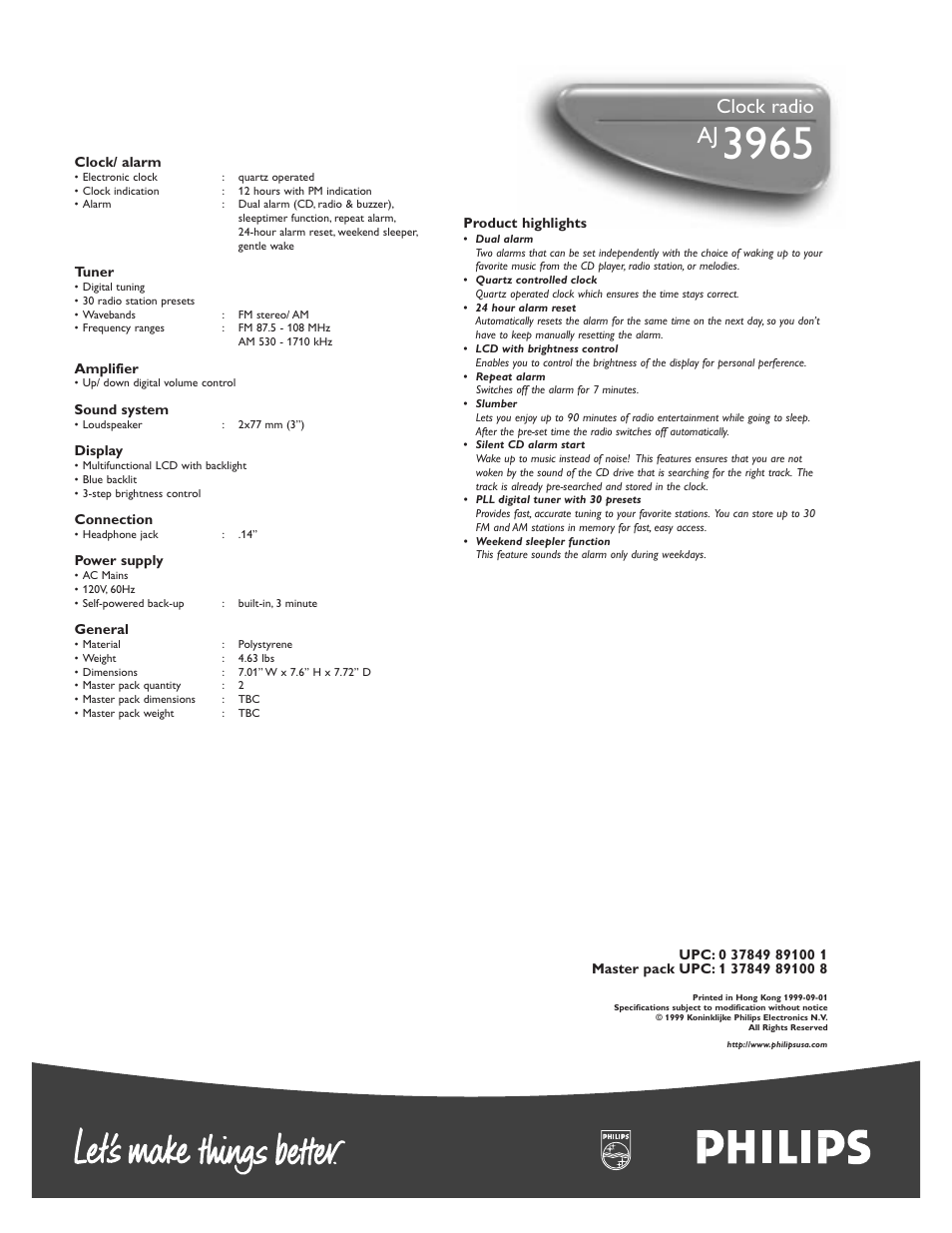 Clock radio | Philips AJ3965-17 User Manual | Page 2 / 2