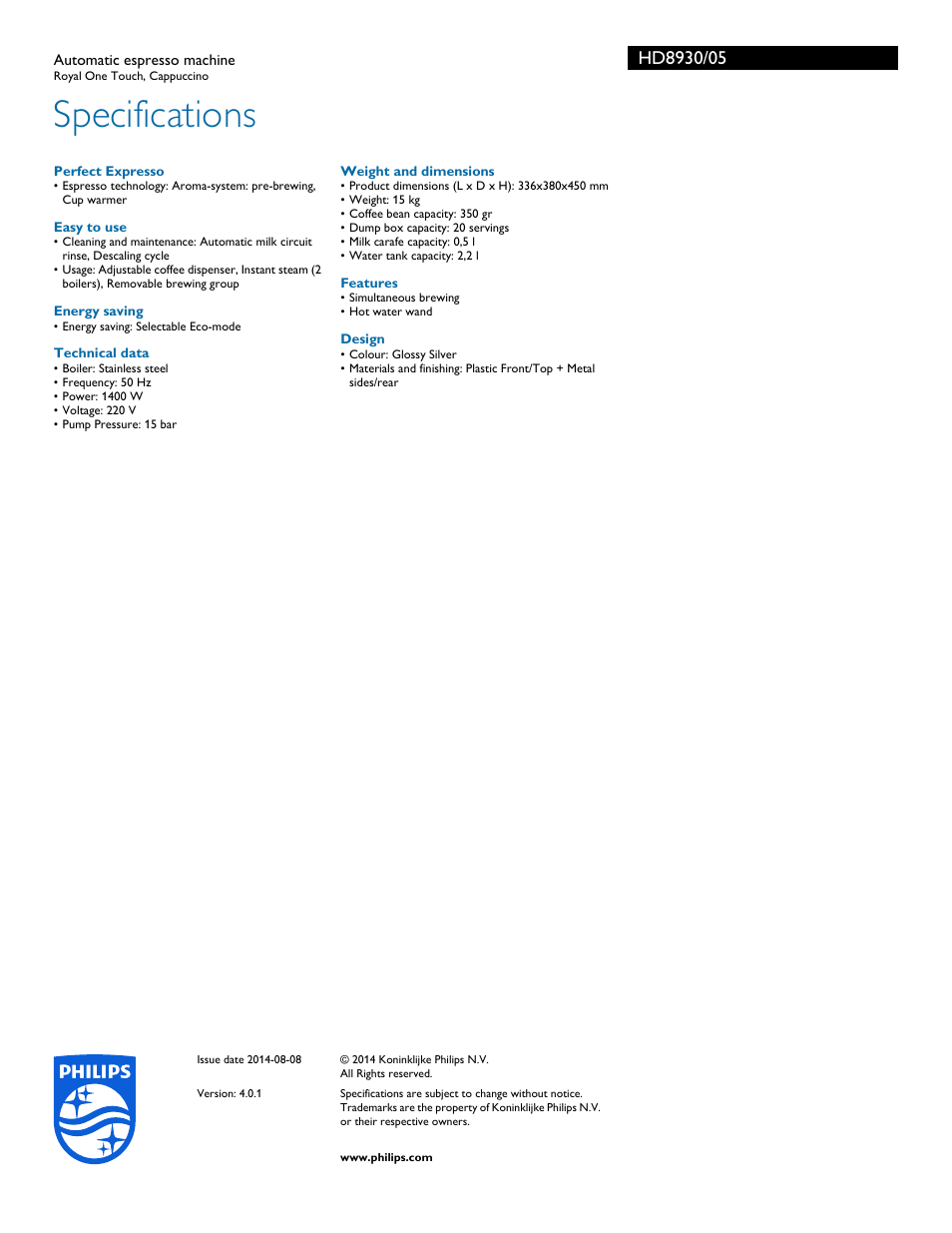 Specifications | Philips HD8930-05 User Manual | Page 3 / 3