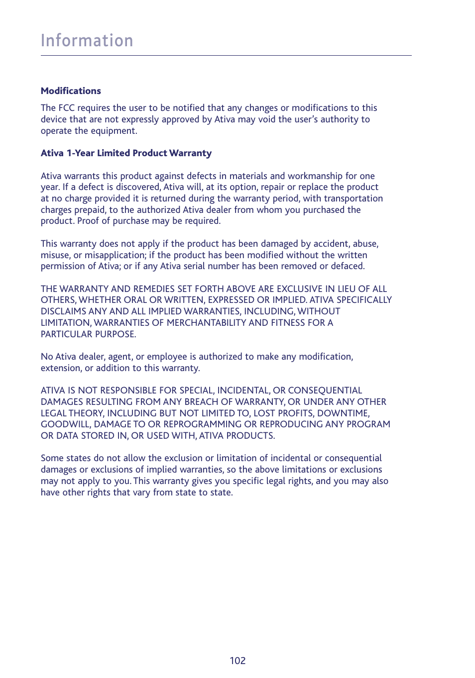 Information | Ativa P75234 User Manual | Page 107 / 108