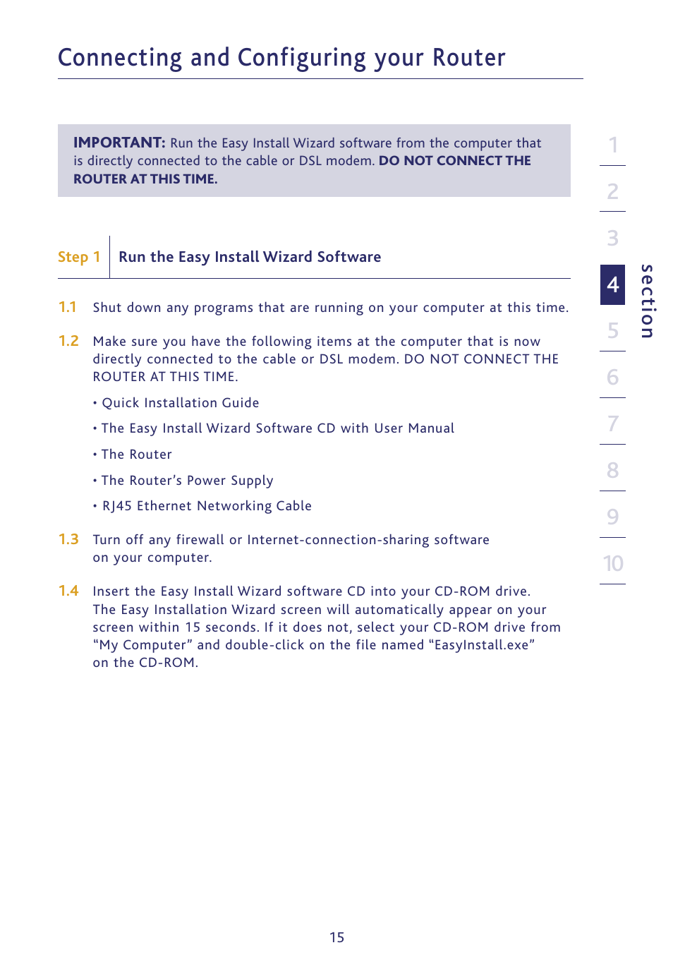 Connecting and configuring your router, Se ct io n | Ativa P75234 User Manual | Page 20 / 108