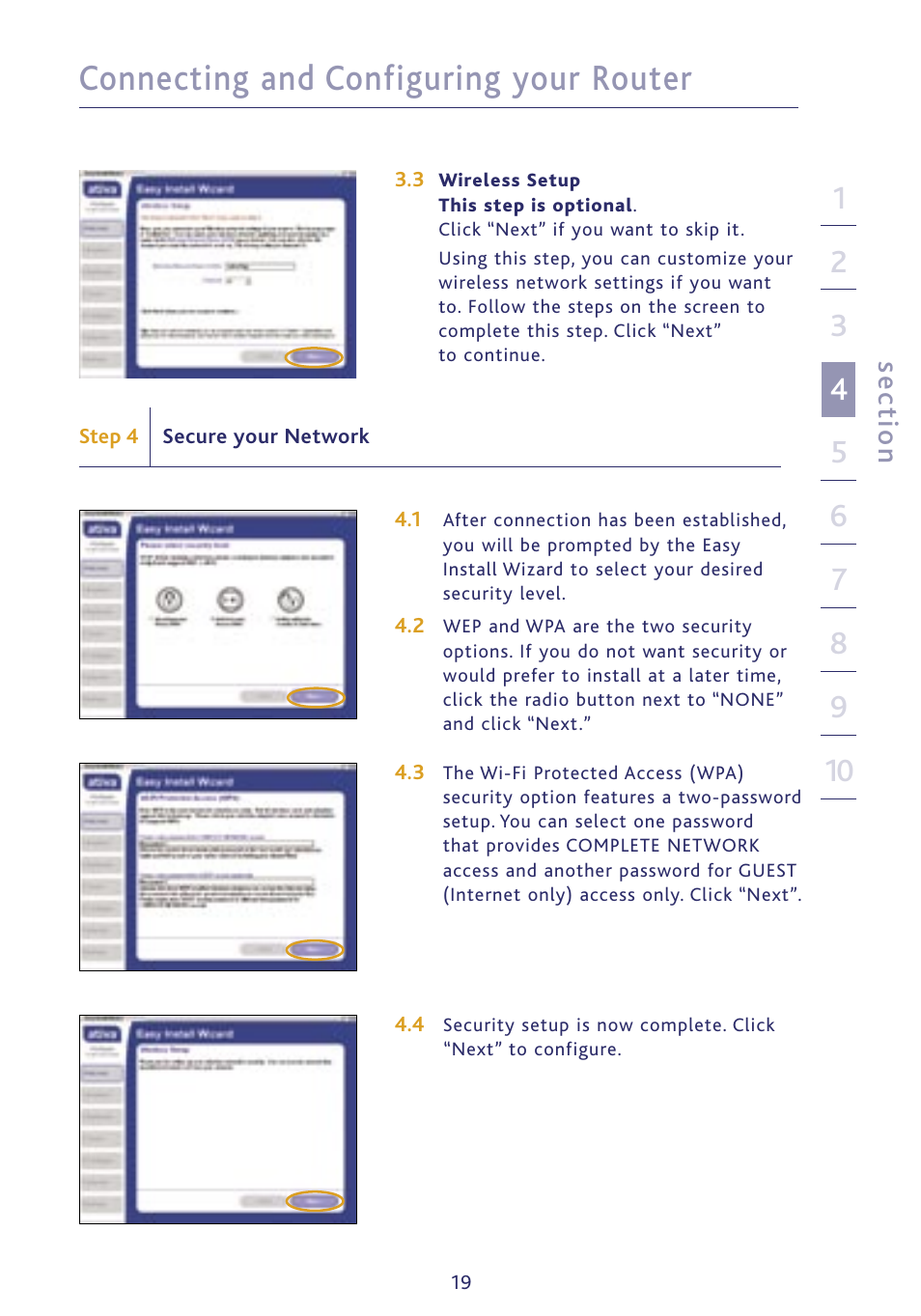 Connecting and configuring your router, Se ct io n | Ativa P75234 User Manual | Page 24 / 108