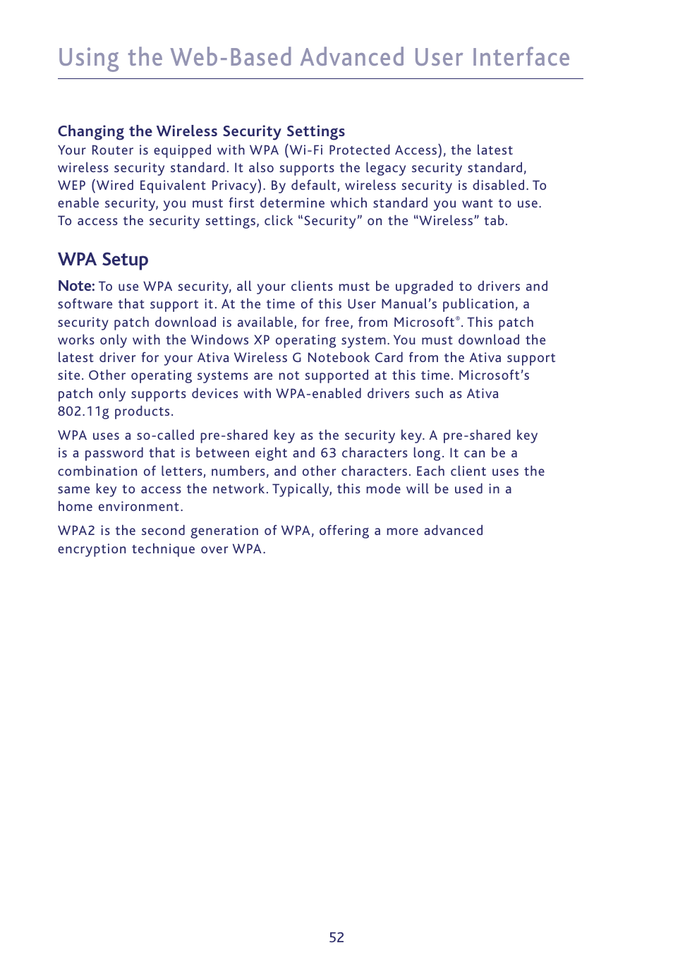 Using the web-based advanced user interface, Wpa setup | Ativa P75234 User Manual | Page 57 / 108