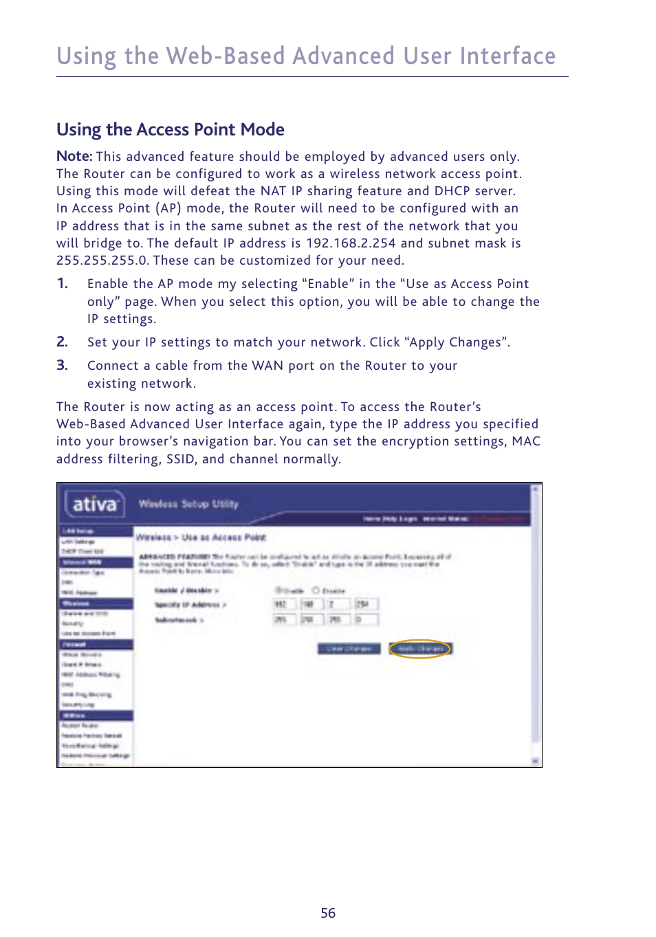 Using the web-based advanced user interface, Using the access point mode | Ativa P75234 User Manual | Page 61 / 108