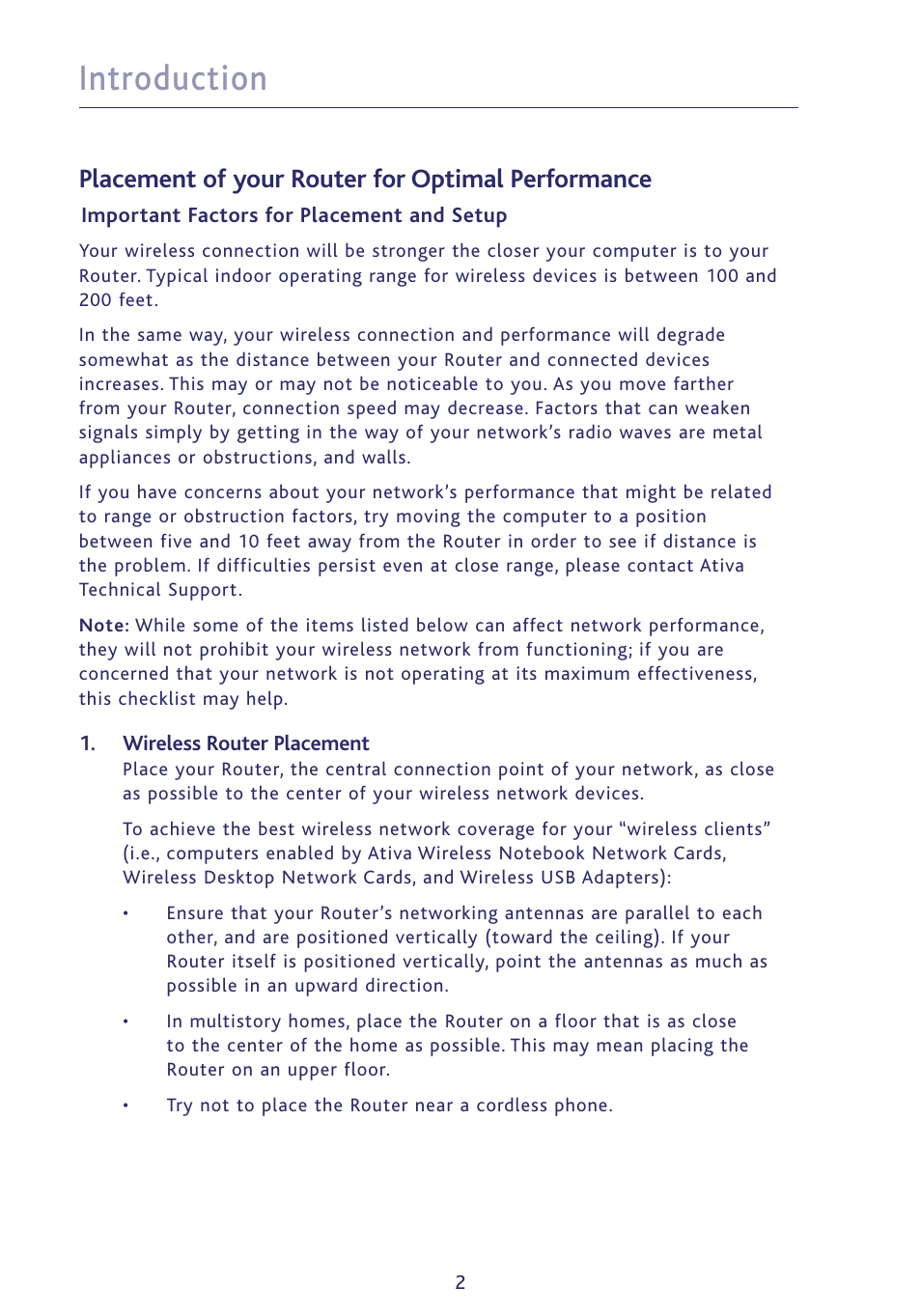 Introduction, Placement of your router for optimal performance | Ativa P75234 User Manual | Page 7 / 108
