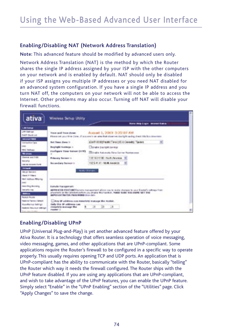 Using the web-based advanced user interface | Ativa P75234 User Manual | Page 79 / 108