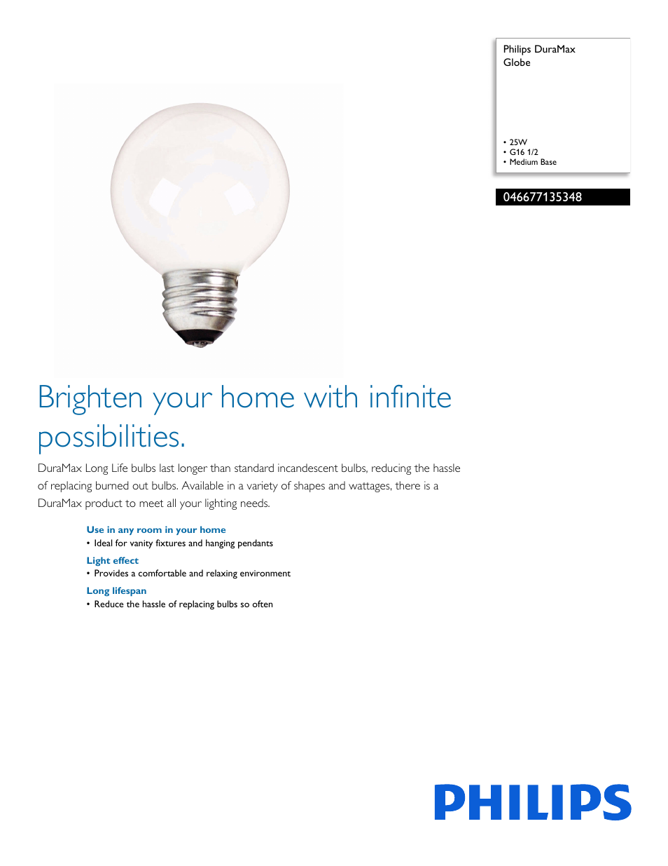 Philips DuraMax Globe 046677135348 25W G16 1-2 Medium Base User Manual | 2 pages