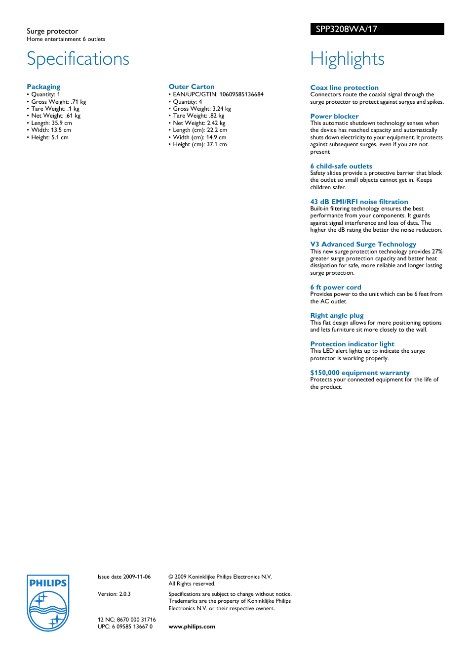 Specifications, Highlights | Philips SPP3208WA-17 User Manual | Page 2 / 2