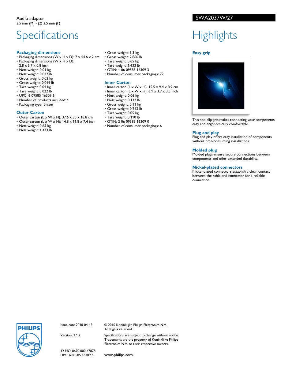 Specifications, Highlights | Philips SWA2037W-27 User Manual | Page 2 / 2