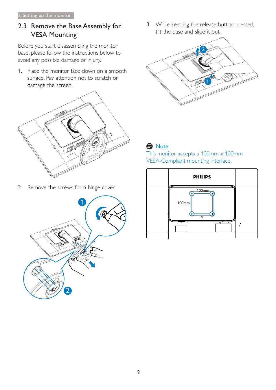 3 remove the base assembly for vesa mounting | Philips 220B4LPCB-27 User Manual | Page 11 / 47